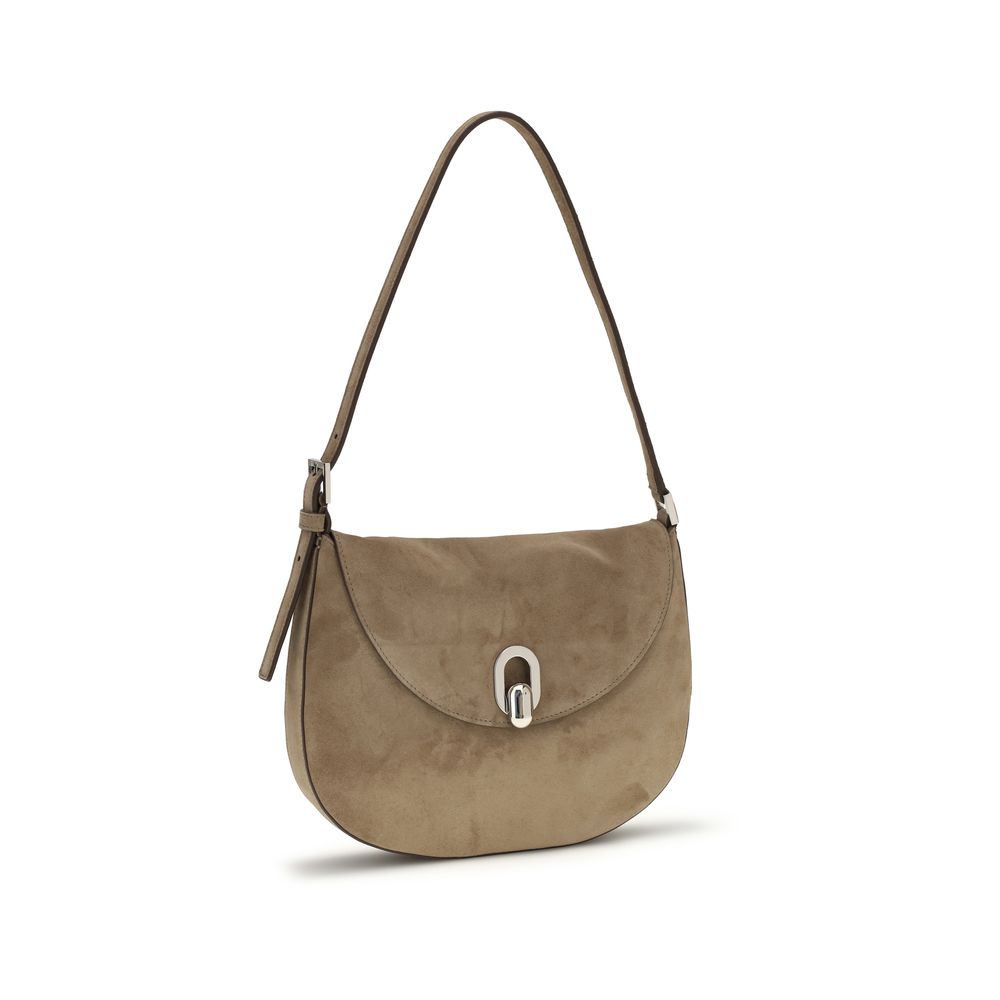 Savette beige suede hobo shoulder bag with curved silhouette and adjustable shoulder strap