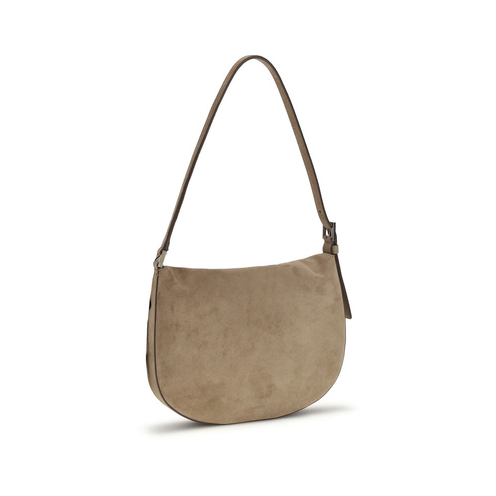 Savette beige suede hobo shoulder bag with curved silhouette and adjustable shoulder strap back view
