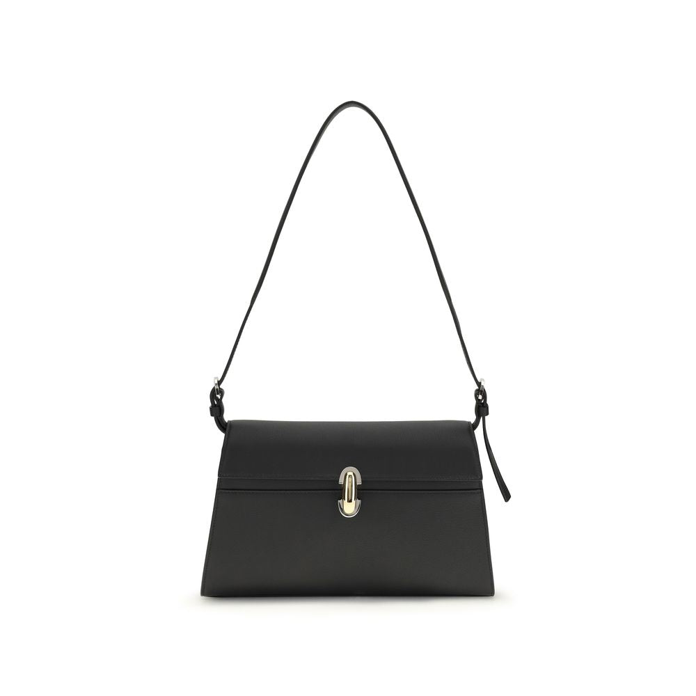 Savette Symmetry black calf leather shoulder bag with twist-lock closure and adjustable removable strap