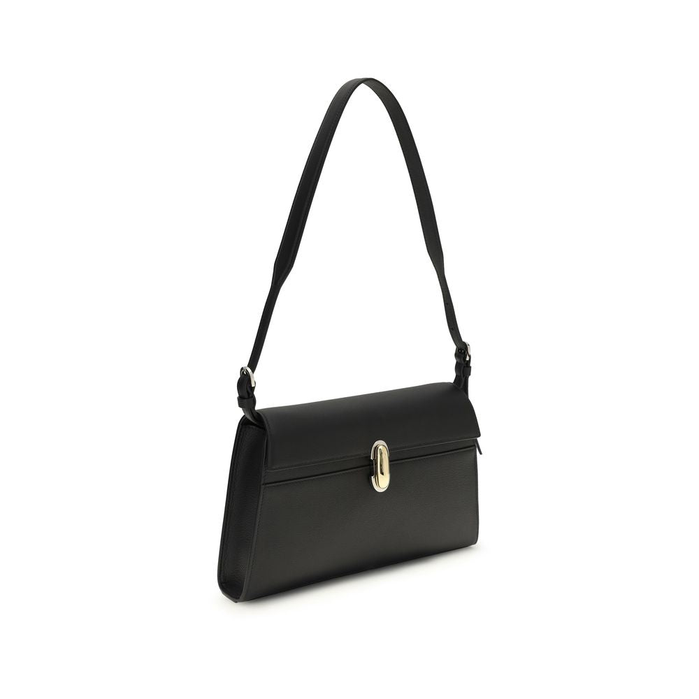 Savette Symmetry black calf leather shoulder bag with twist-lock closure and adjustable removable strap