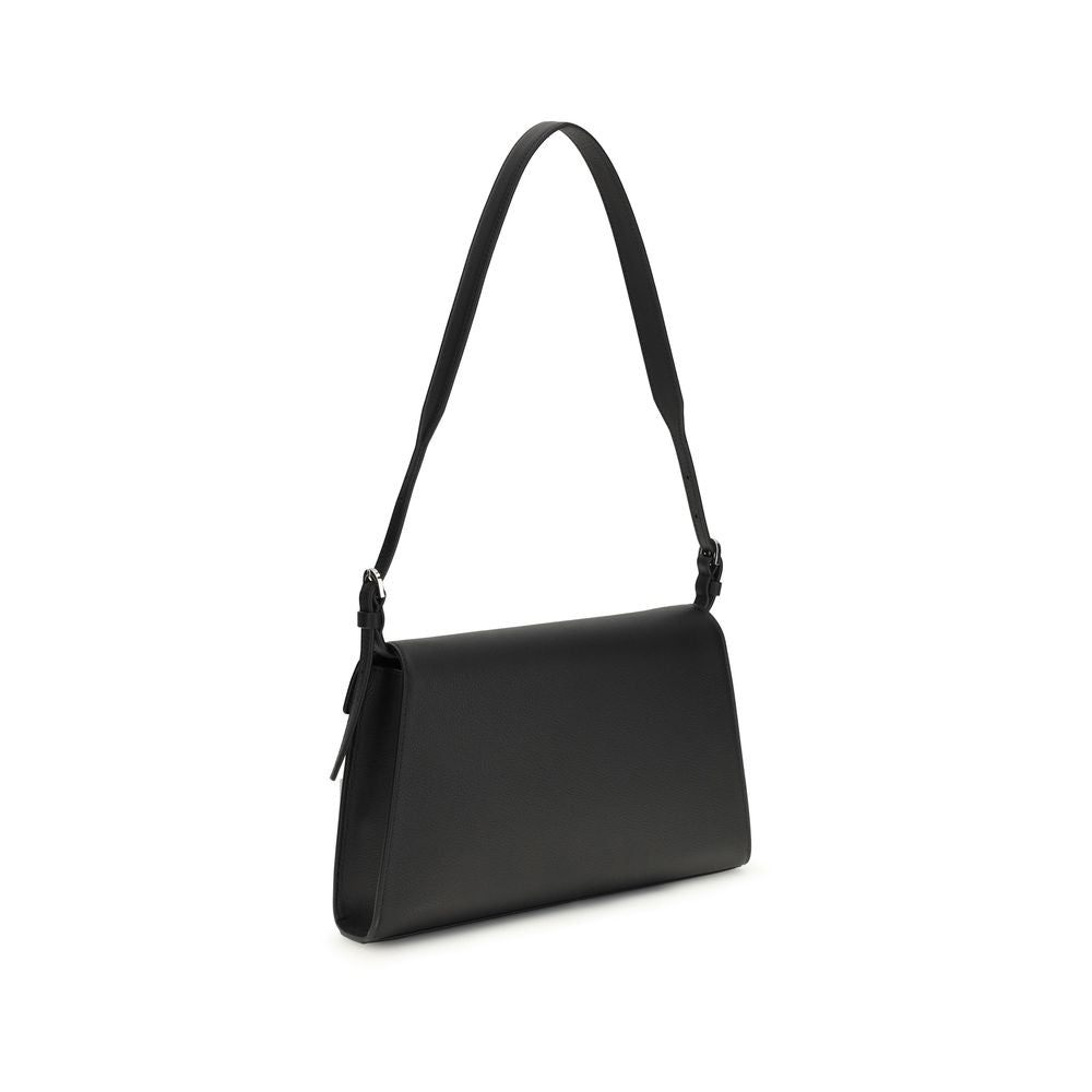 Savette Symmetry black calf leather shoulder bag with twist-lock closure and adjustable removable strap
