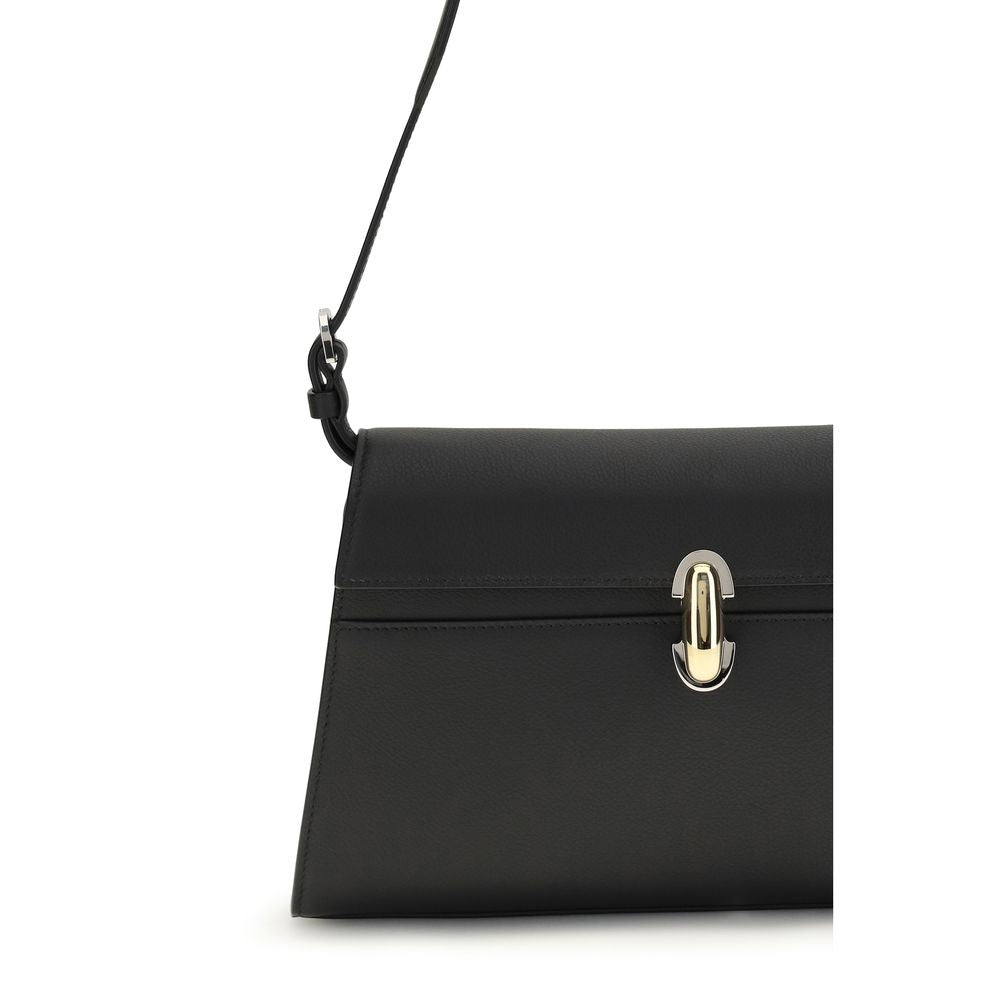 Savette Symmetry black calf leather shoulder bag with twist-lock closure and adjustable removable strap