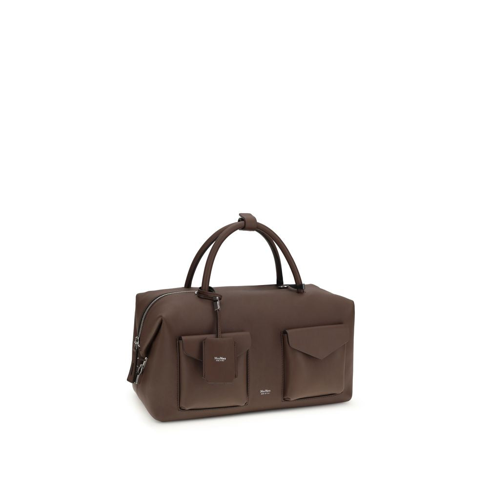 Max Mara Holdall Cargo brown textured calf leather handbag with front pockets and removable shoulder strap