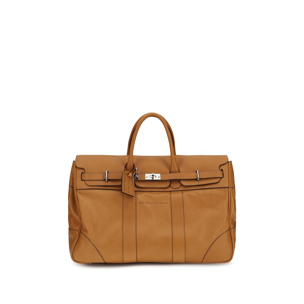 BRUNELLO CUCINELLI CALFSKIN LEATHER TRAVEL BAG — BROWN