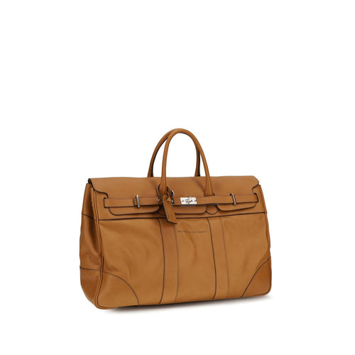 Brunello Cucinelli brown calfskin leather travel bag — side view