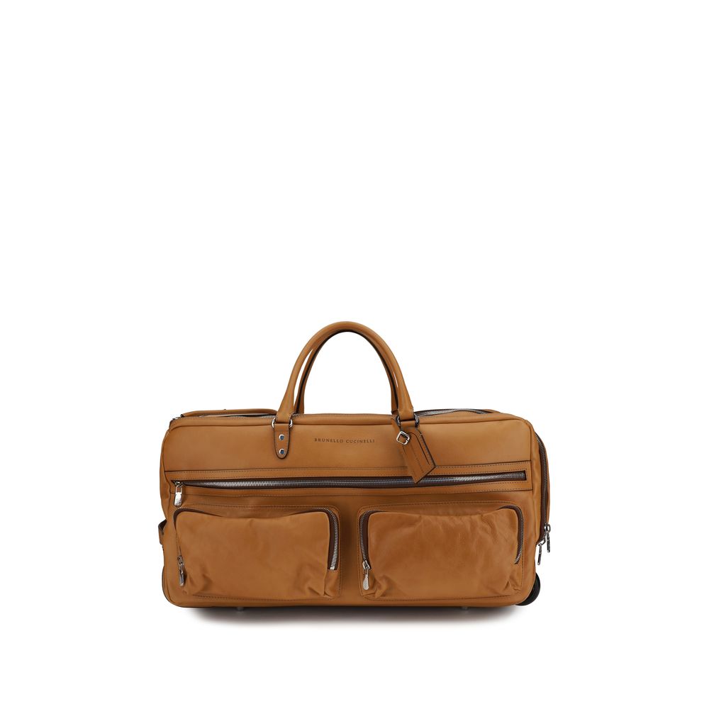 BRUNELLO CUCINELLI LEATHER TROLLEY TRAVEL BAG - BROWN