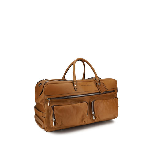Brunello Cucinelli brown calf leather trolley travel bag with rotating wheels and retractable handle