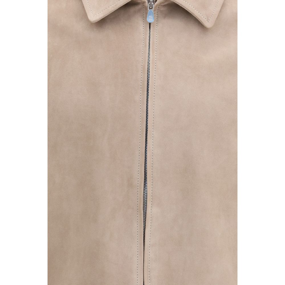  Brunello Cucinelli beige calfskin leather jacket — close up image and zip closure
