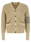 Thom Browne beige garment-dyed cotton cardigan with four-bar stripe — front view