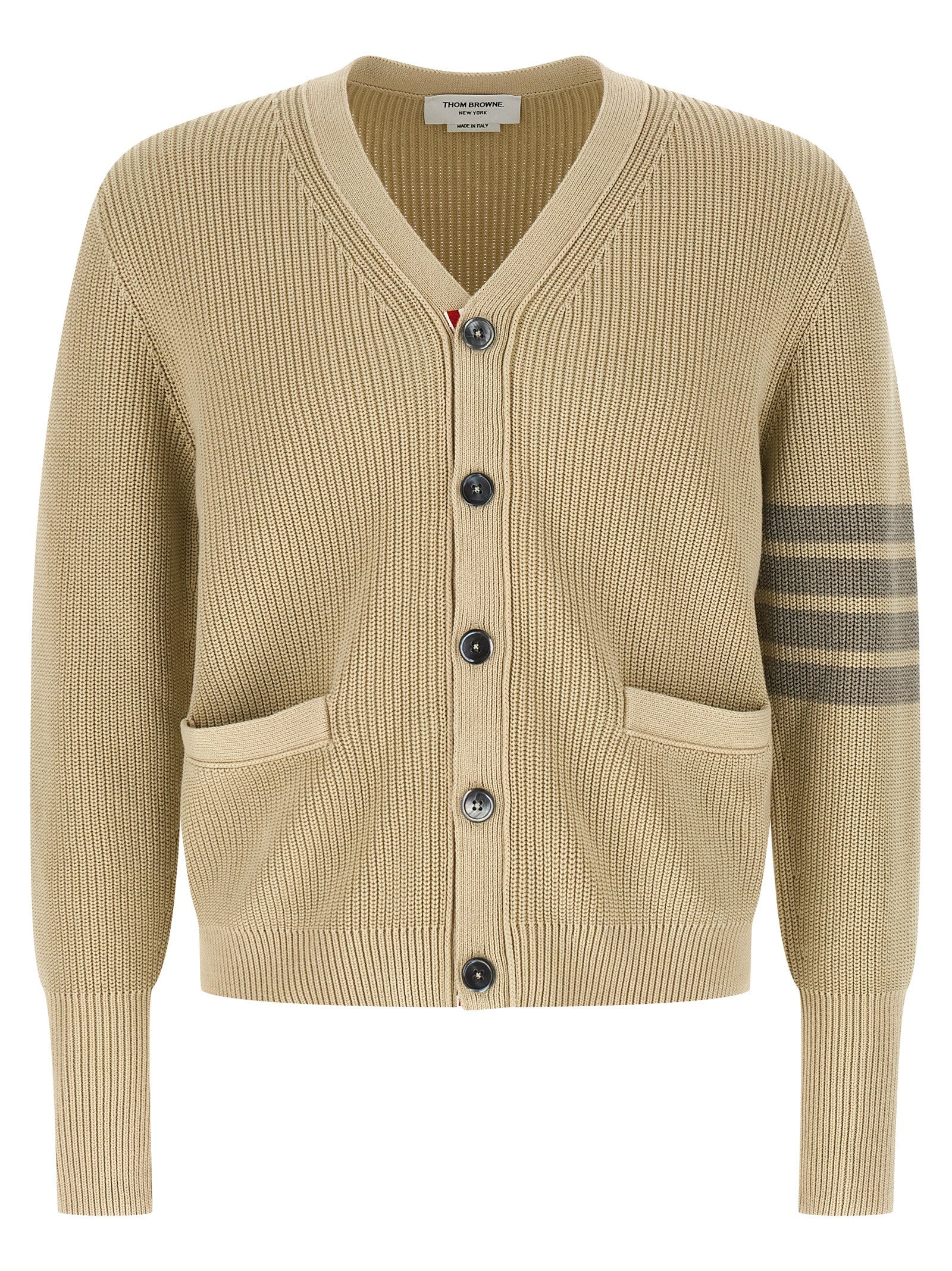 Thom Browne beige garment-dyed cotton cardigan with four-bar stripe — front view