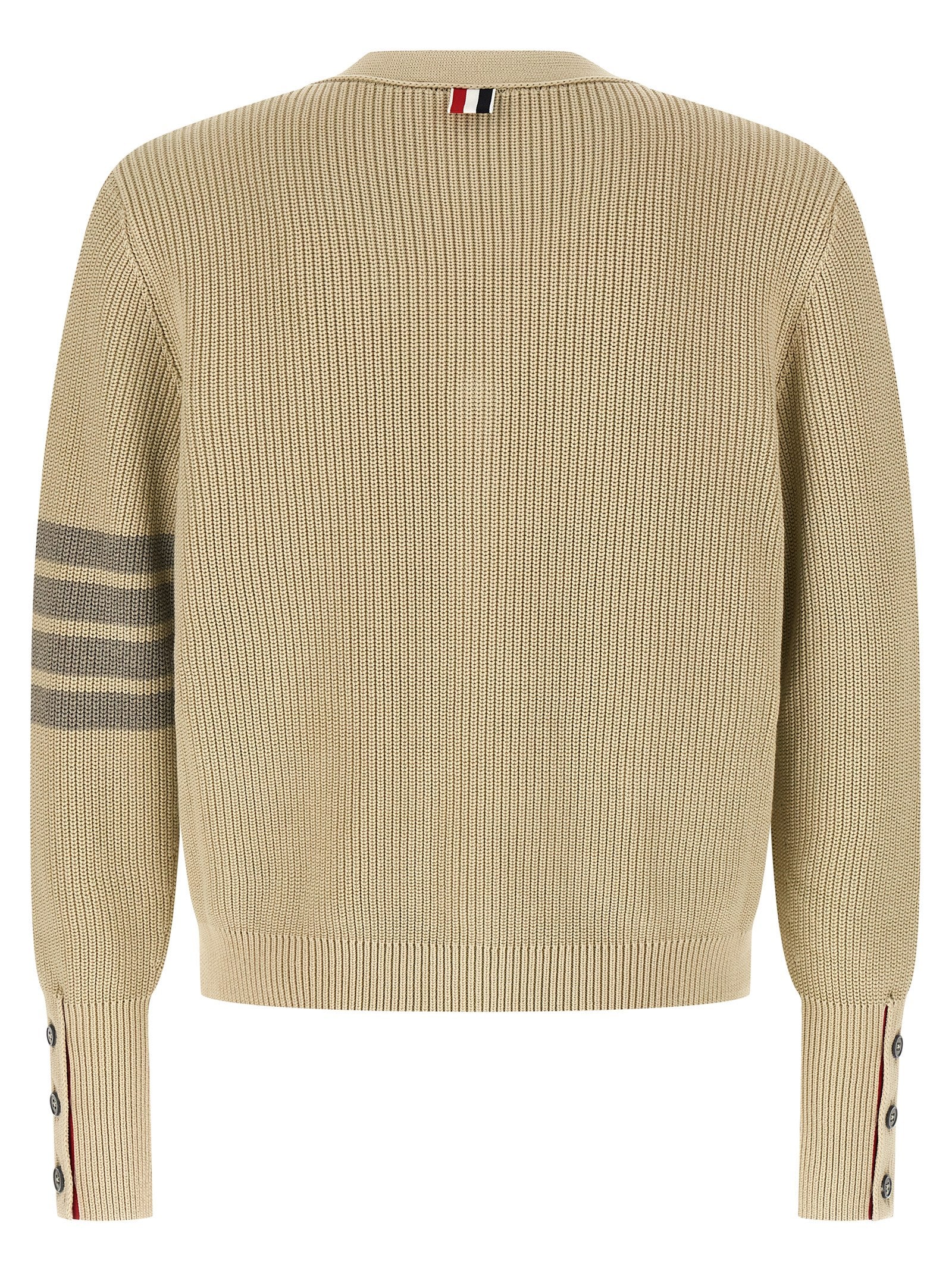 Thom Browne beige garment-dyed cotton cardigan with four-bar stripe — back view