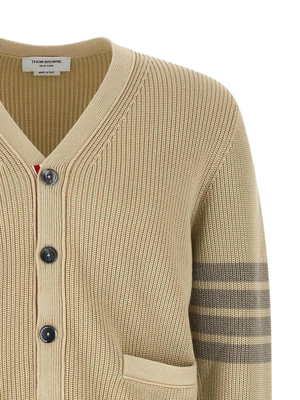 Thom Browne beige garment-dyed cotton cardigan with four-bar stripe —close up view