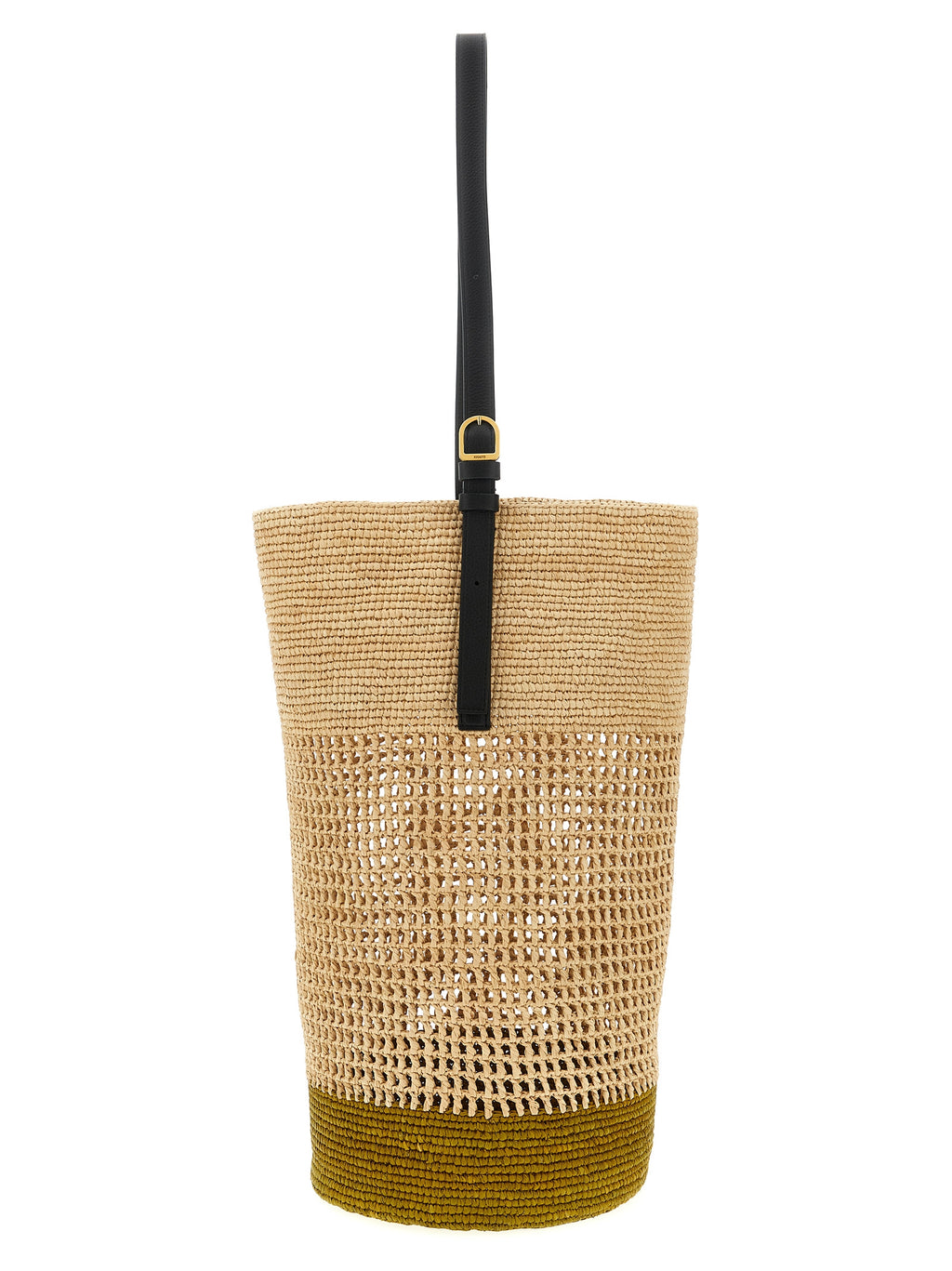 Khaite Billie beige woven sisal bucket bag with adjustable calf leather shoulder strap