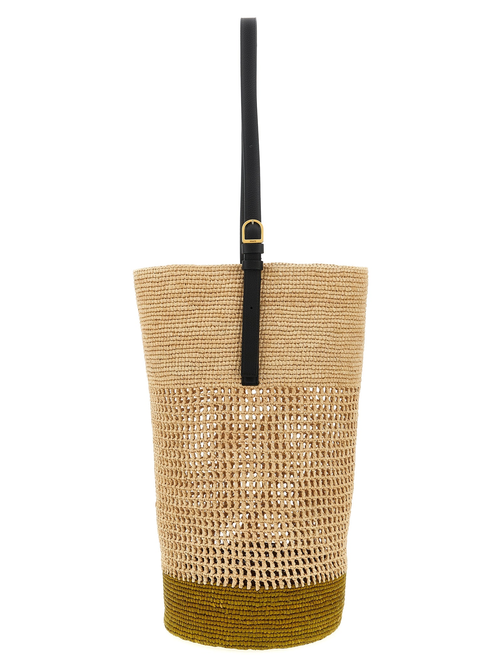 Khaite Billie beige woven sisal bucket bag with adjustable calf leather shoulder strap