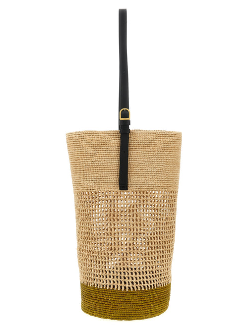 Khaite Billie beige woven sisal bucket bag with adjustable calf leather shoulder strap