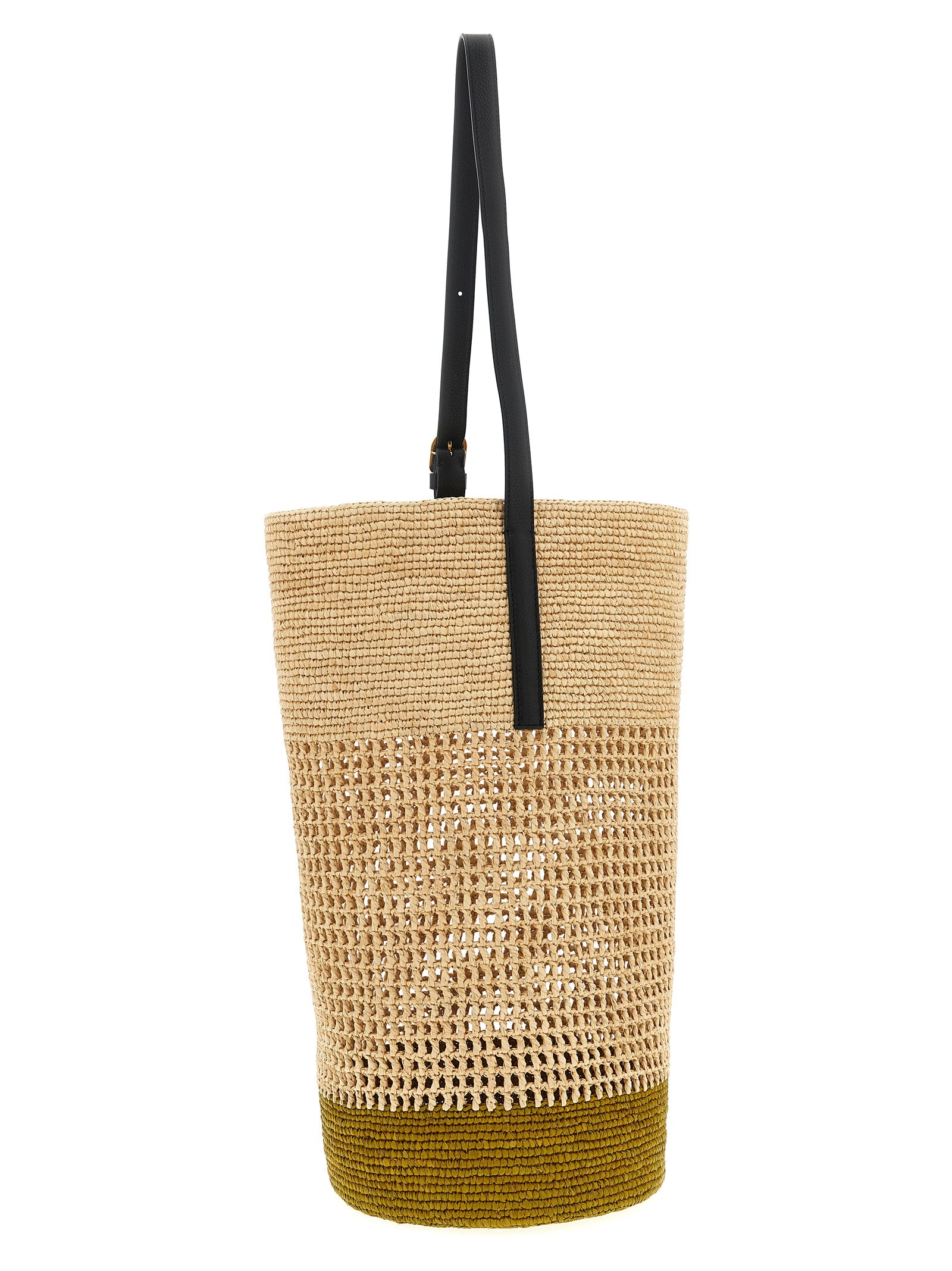 Khaite Billie beige woven sisal bucket bag with adjustable calf leather shoulder strap