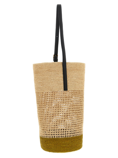 Khaite Billie beige woven sisal bucket bag with adjustable calf leather shoulder strap