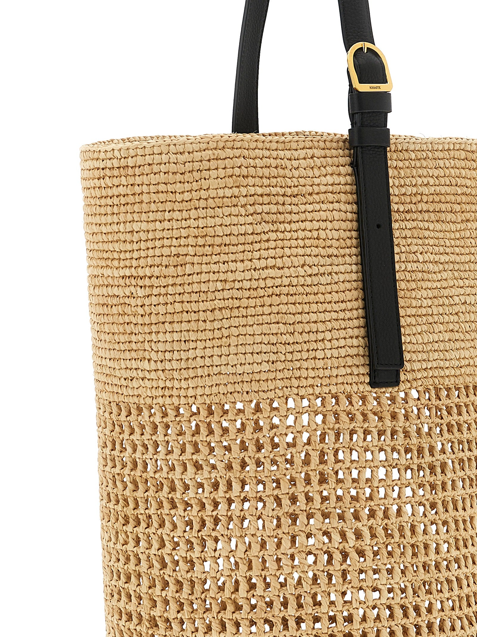 Khaite Billie beige woven sisal bucket bag with adjustable calf leather shoulder strap