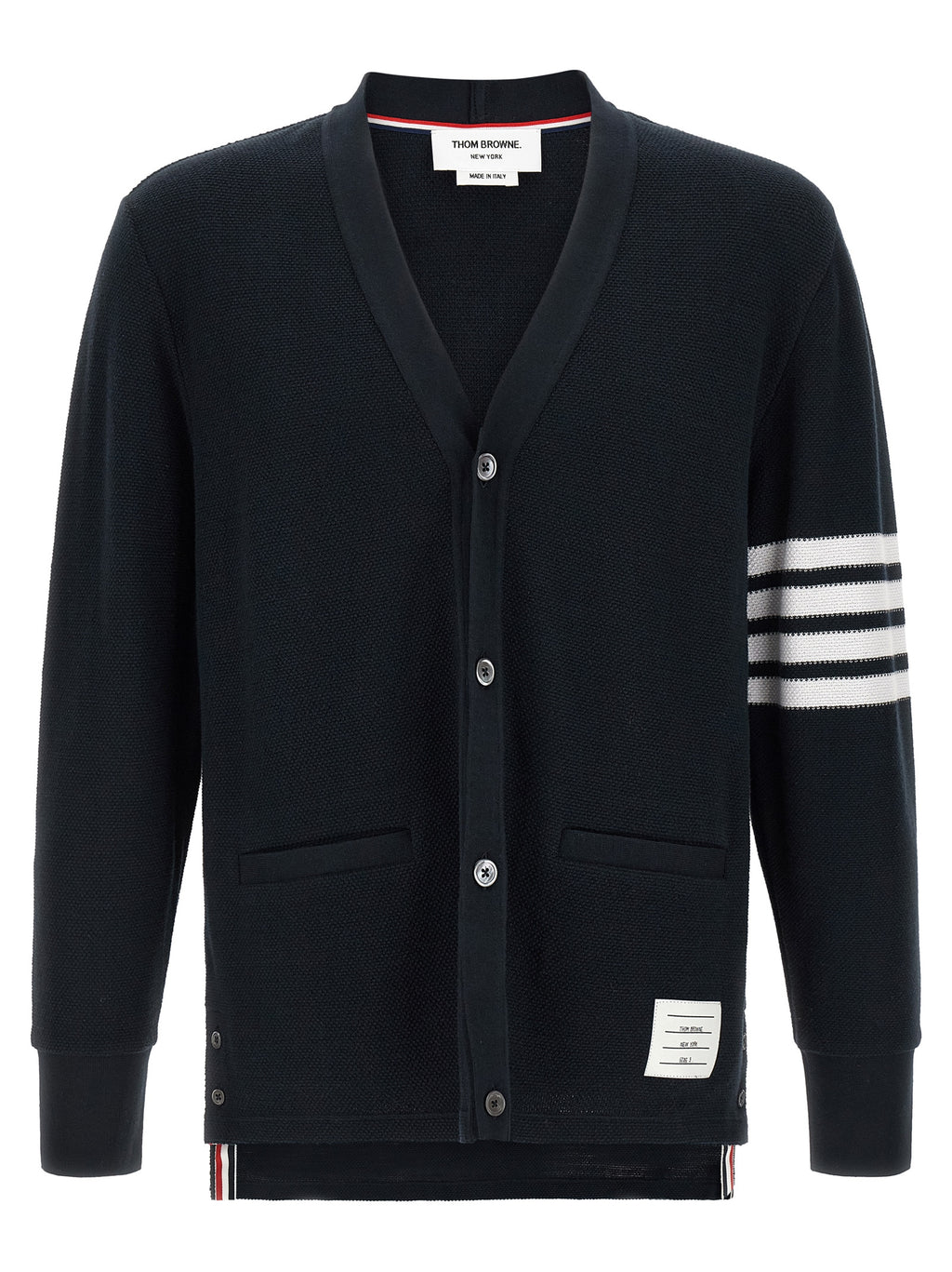 Thom Browne blue honeycomb cotton cardigan with four-bar stripe — front view