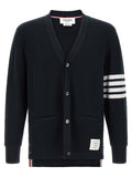 Thom Browne blue honeycomb cotton cardigan with four-bar stripe — front view
