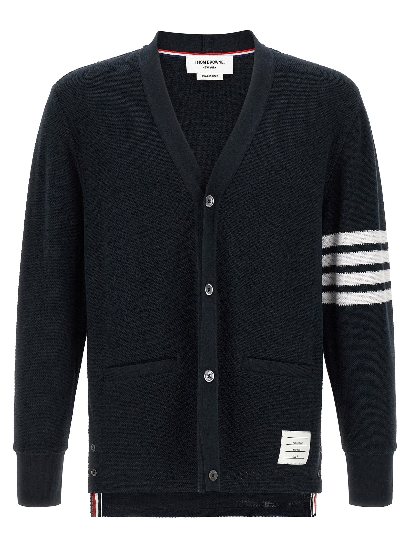 Thom Browne blue honeycomb cotton cardigan with four-bar stripe — front view
