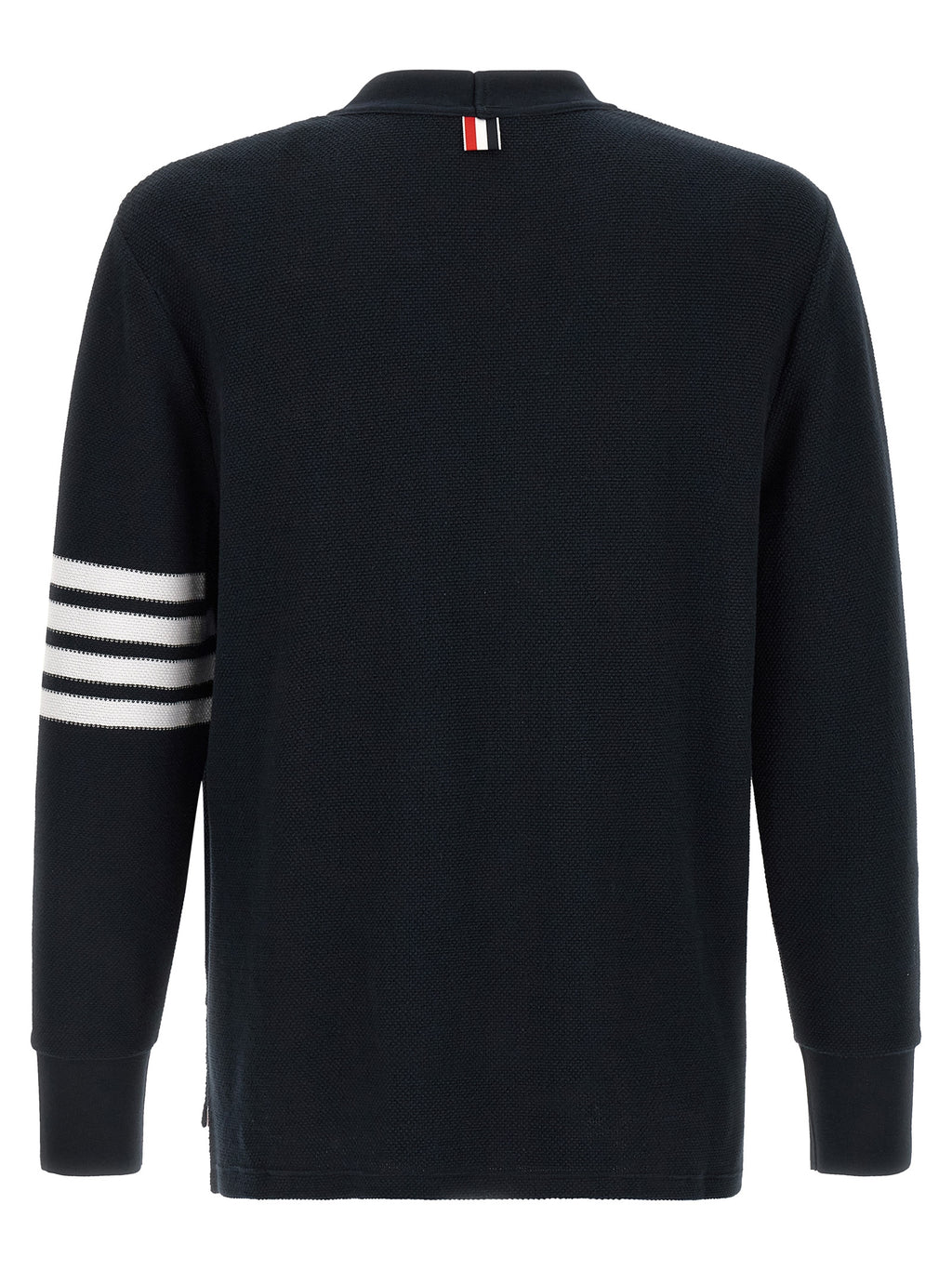 Thom Browne blue honeycomb cotton cardigan with four-bar stripe — back view