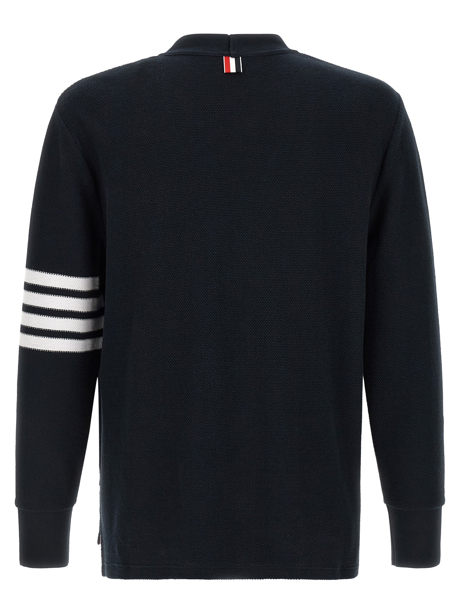 Thom Browne blue honeycomb cotton cardigan with four-bar stripe — back view