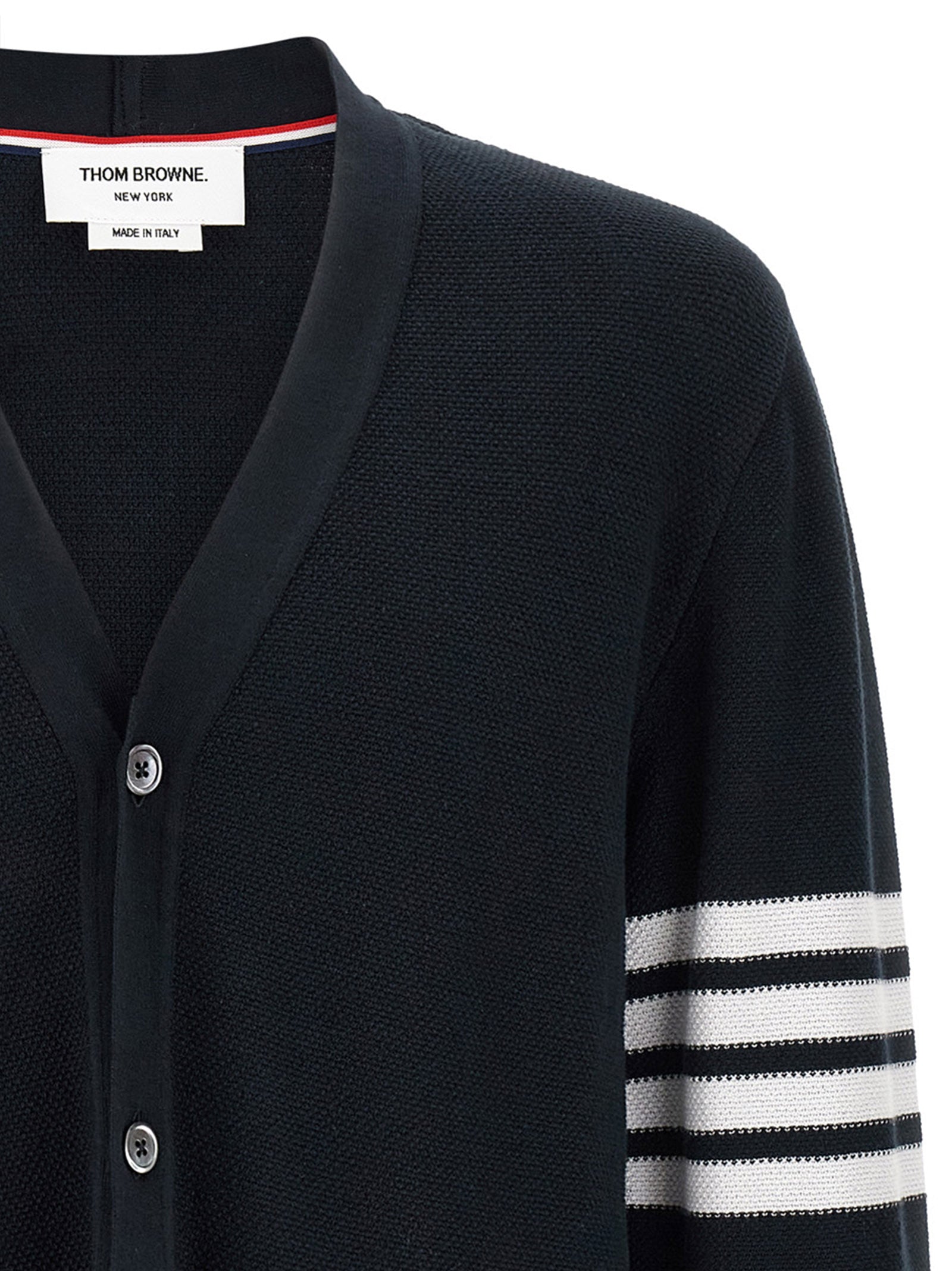 Thom Browne blue honeycomb cotton cardigan with four-bar stripe — close up front view