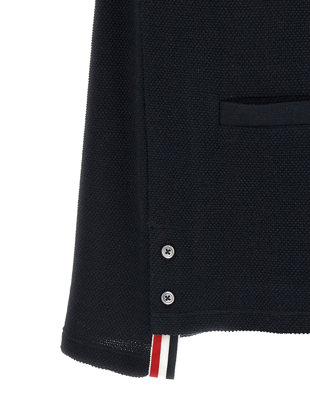 Thom Browne blue honeycomb cotton cardigan with four-bar stripe — sleeve view