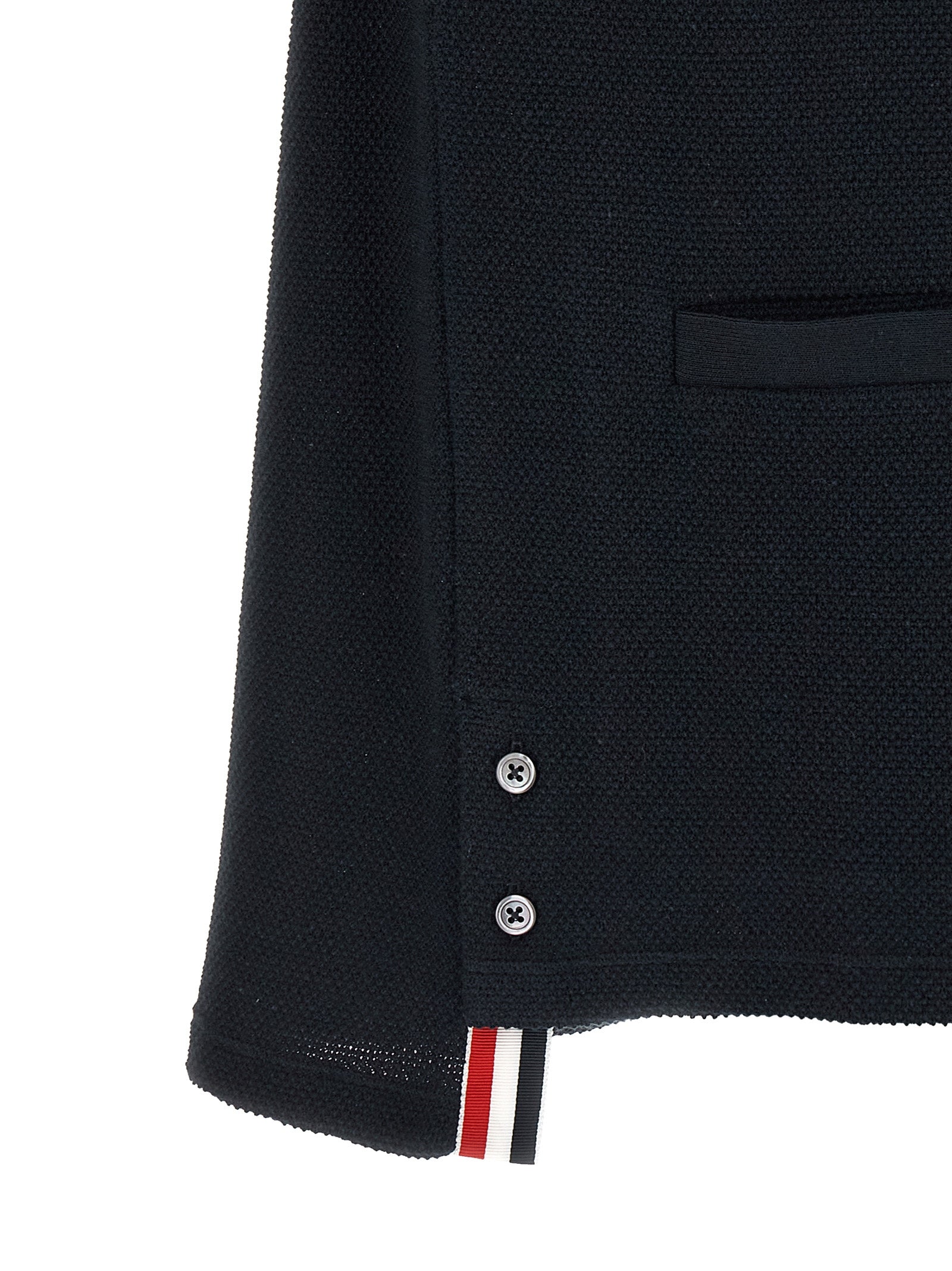 Thom Browne blue honeycomb cotton cardigan with four-bar stripe — sleeve view