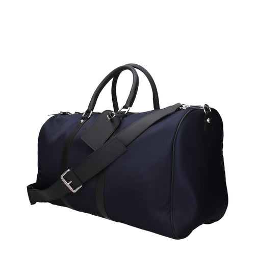 Kiton blue nylon and leather travel bag — side view with strap