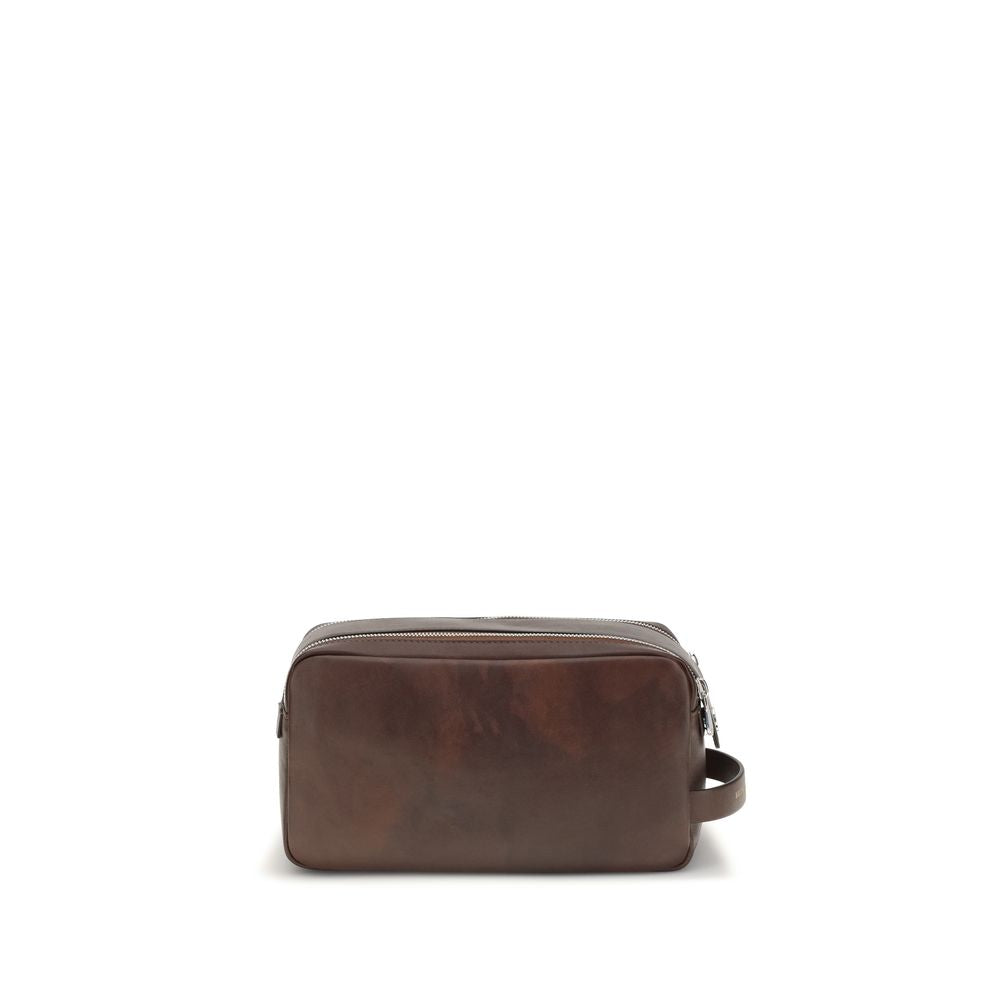 Brunello Cucinelli brown calfskin leather beauty case — front view