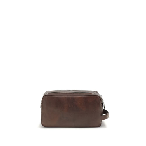 Brunello Cucinelli brown calfskin leather beauty case — front view