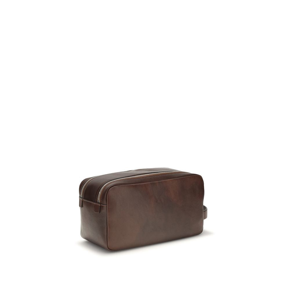 Brunello Cucinelli brown calfskin leather beauty case — side view