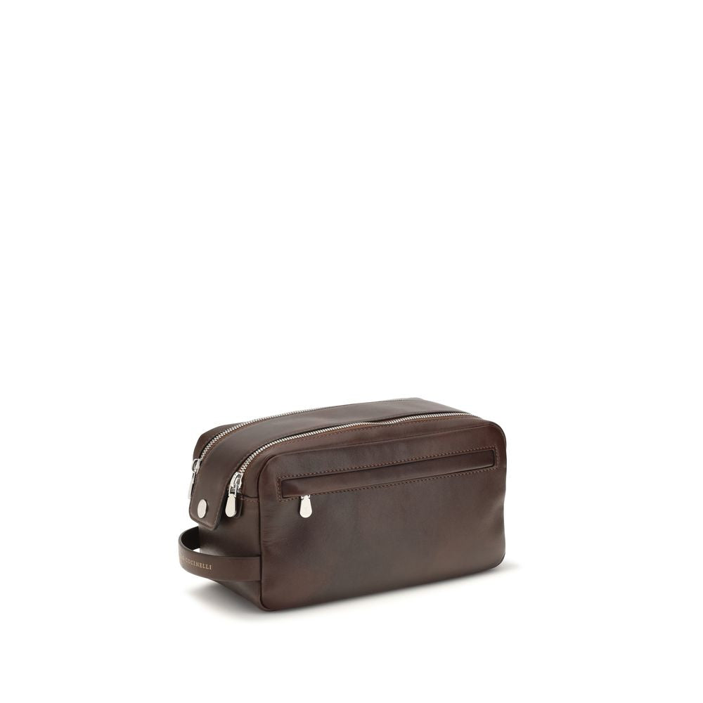 Brunello Cucinelli brown calfskin leather beauty case — side view with zippers