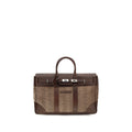 Brunello Cucinelli brown calf leather and fabric travel bag with flap closure and double handles