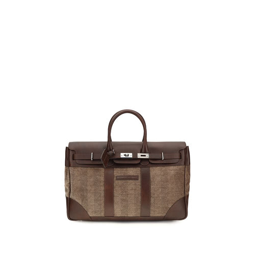 Brunello Cucinelli brown calf leather and fabric travel bag with flap closure and double handles