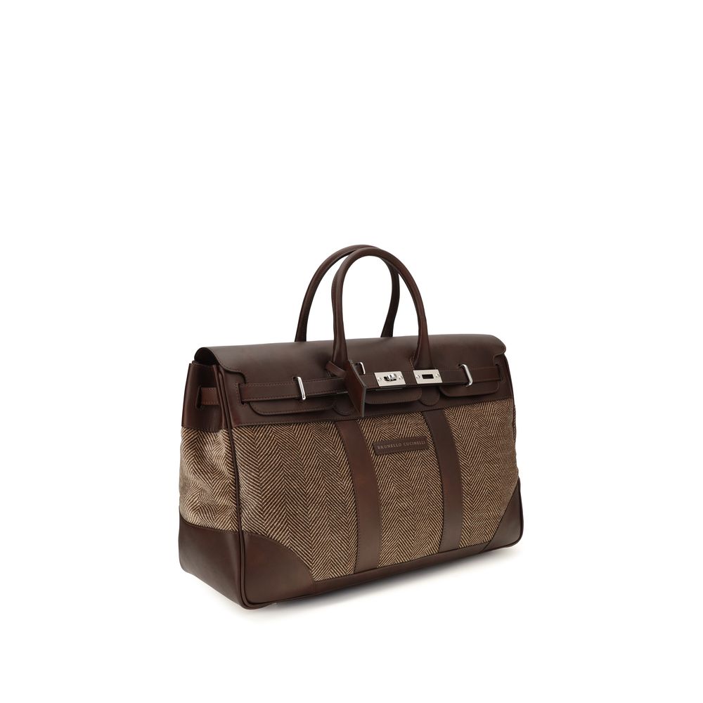 Brunello Cucinelli brown calf leather and fabric travel bag with flap closure and double handles