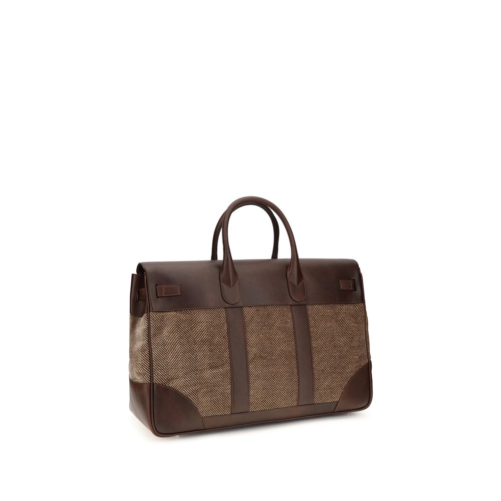 Brunello Cucinelli brown calf leather and fabric travel bag with flap closure and double handles