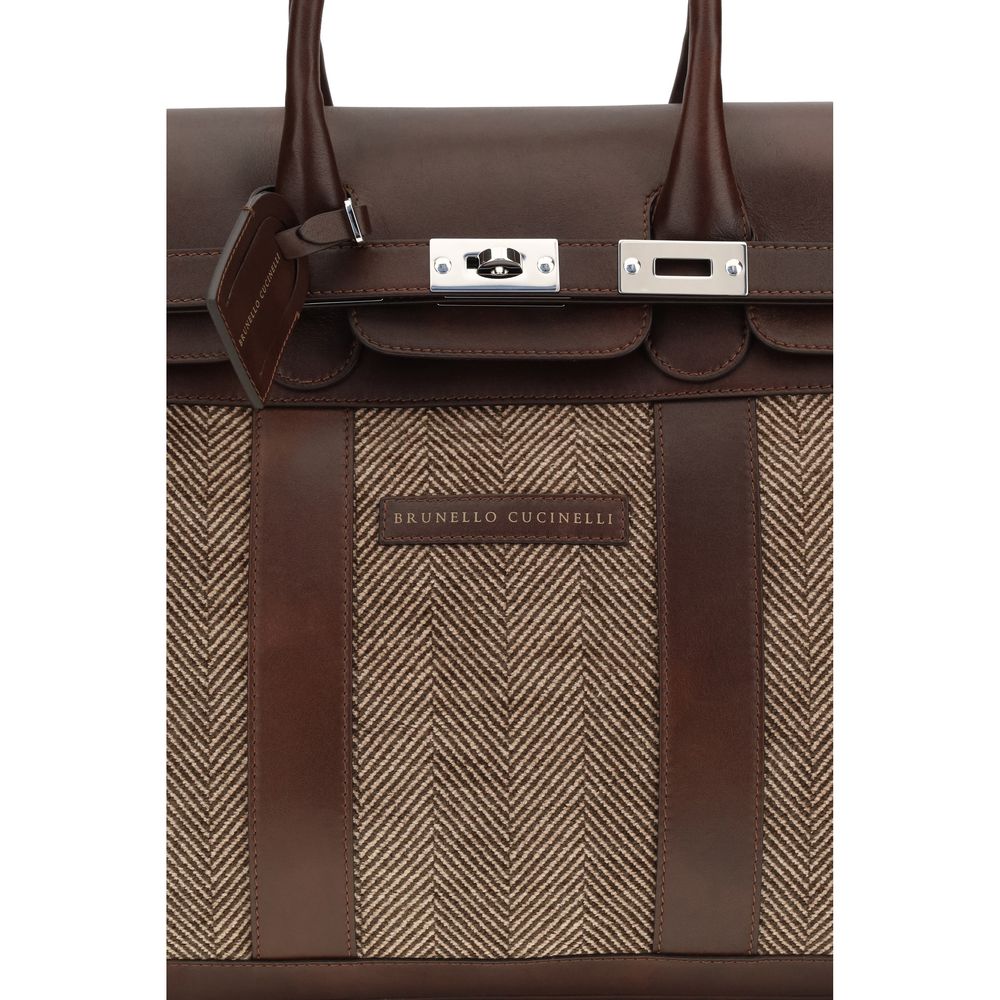 Brunello Cucinelli brown calf leather and fabric travel bag with flap closure and double handles