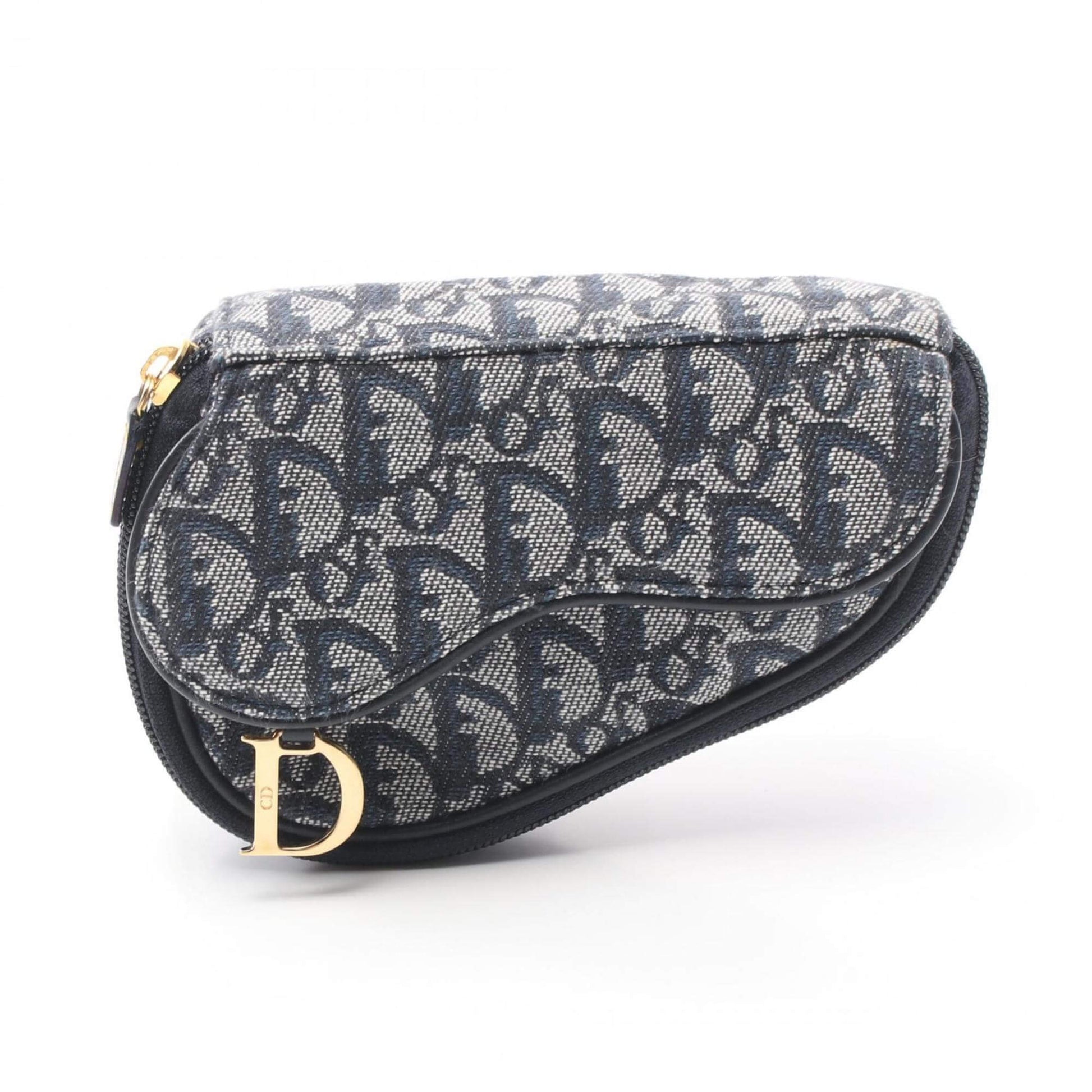 Christian Dior Dior Saddle Trotter Pouch Bag Canvas Leather Women's Navy Grey-0