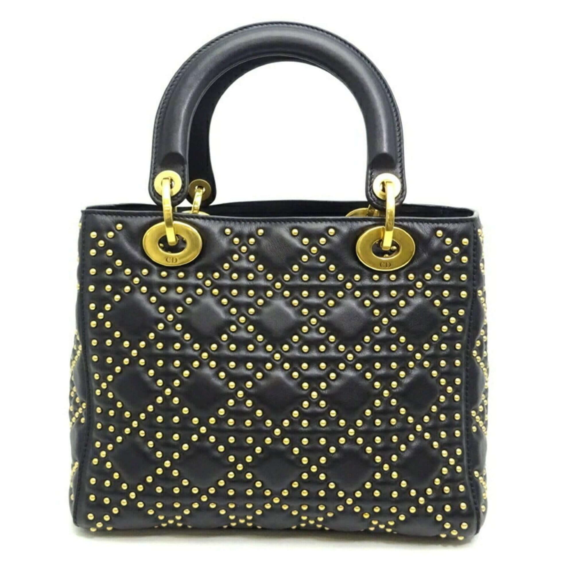 Christian Dior Lady Medium Studded Bag Women's Handbag Lambskin Black-1