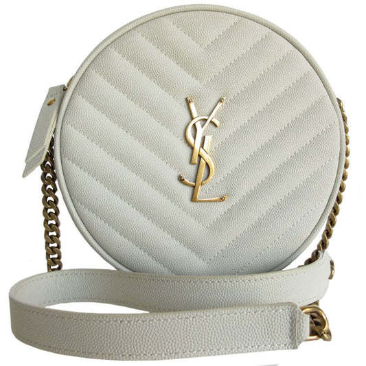 Round white quilted leather handbag with a gold chain strap and gold YSL logo on the front