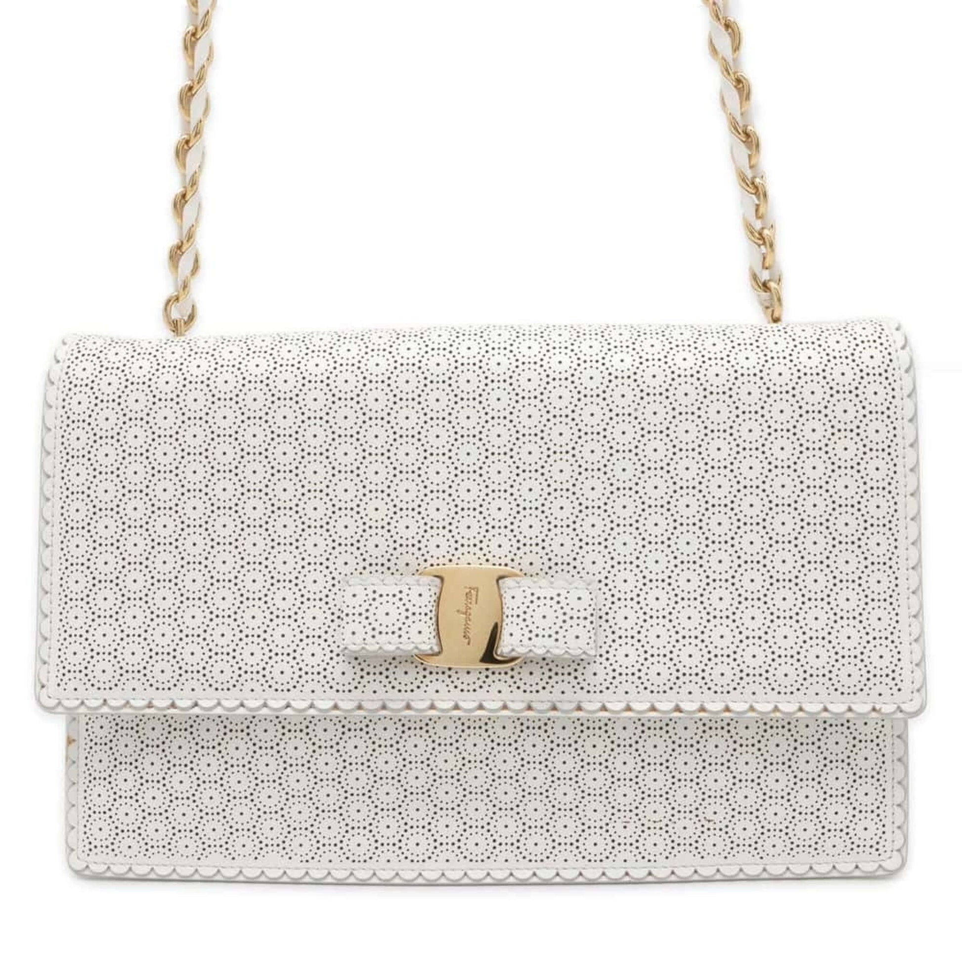 Salvatore Ferragamo Shoulder Bag Vara Perforated Leather AU21 F003 White-0