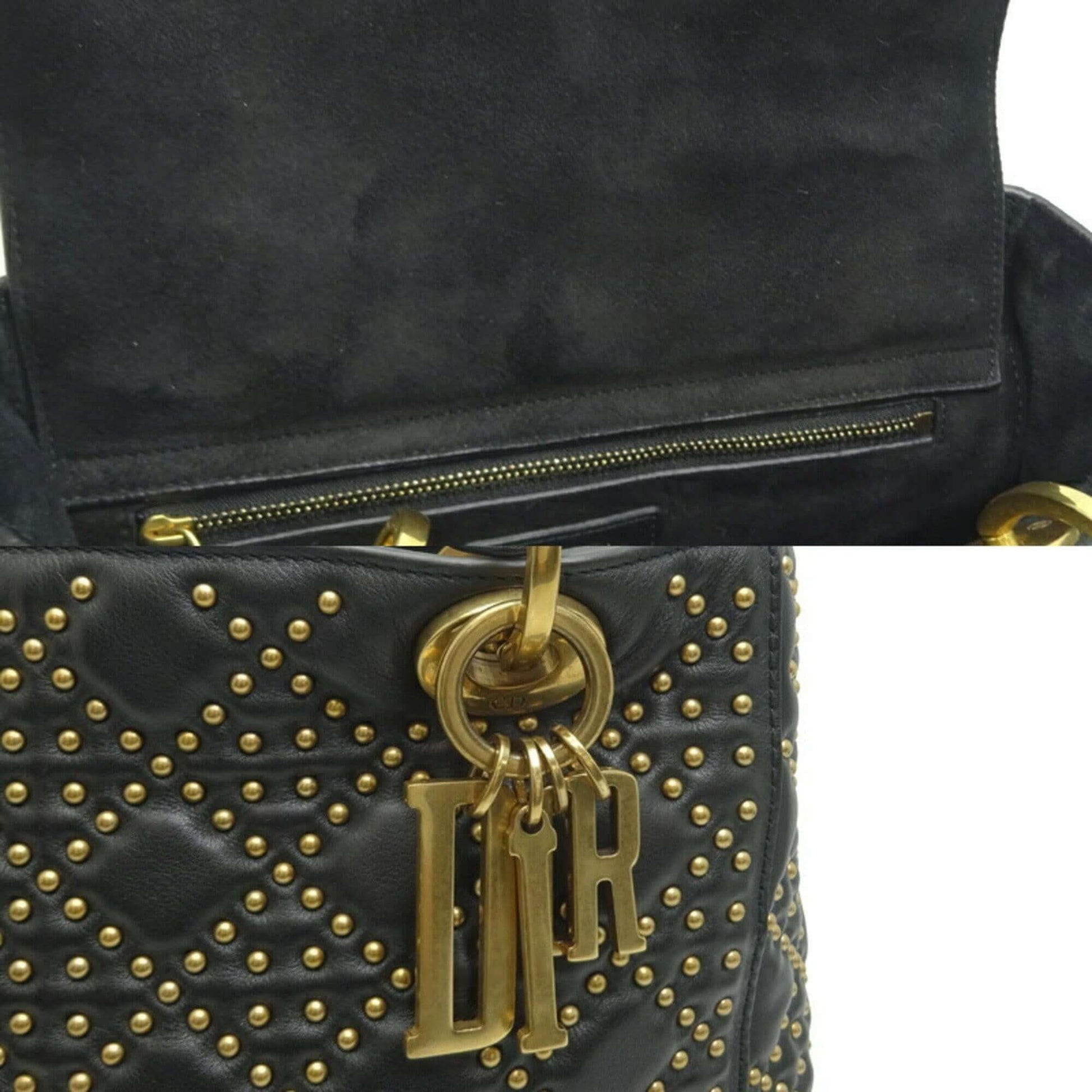 Christian Dior Lady Medium Studded Bag Women's Handbag Lambskin Black-7