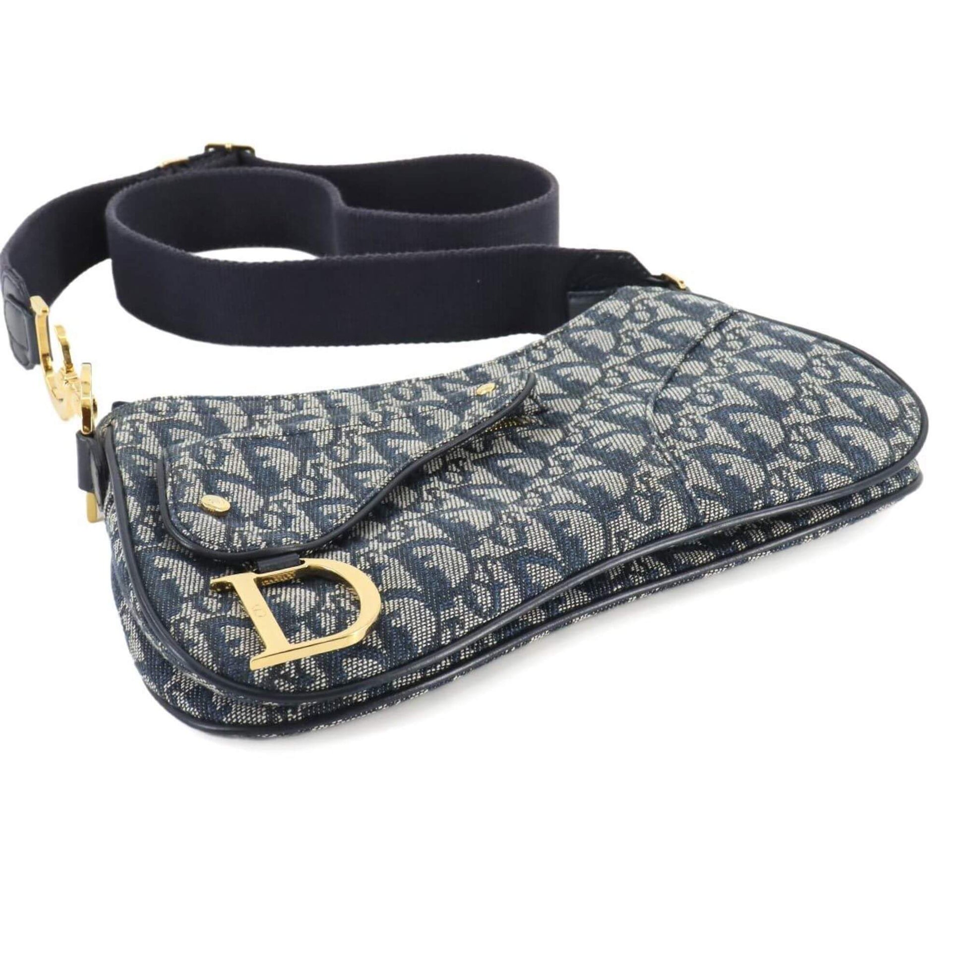 Christian Dior Trotter Double Saddle Bag Shoulder Canvas Leather Navy-3