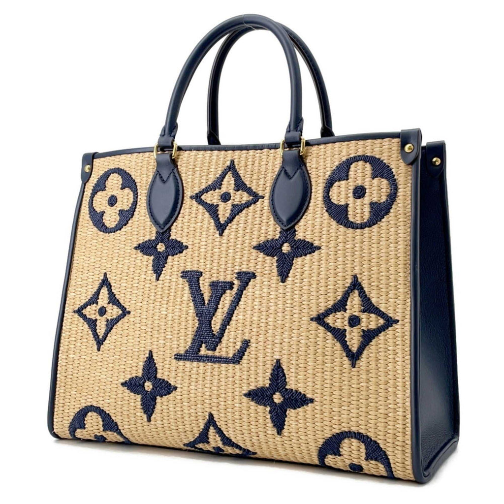MANSII LOUIS VUITTON Pre-Loved Monogram Raffia On-the-Go tote bag with stylish navy accents