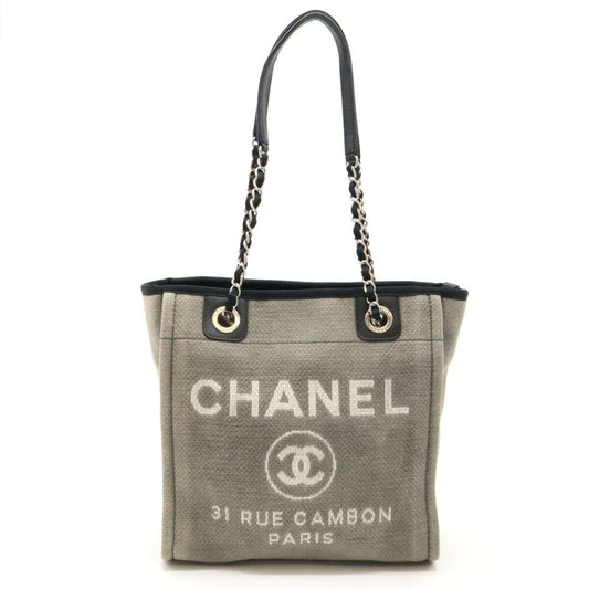 CHANEL Deauville Tote Bag Shoulder Chain Canvas Leather Gray Black A66939-0