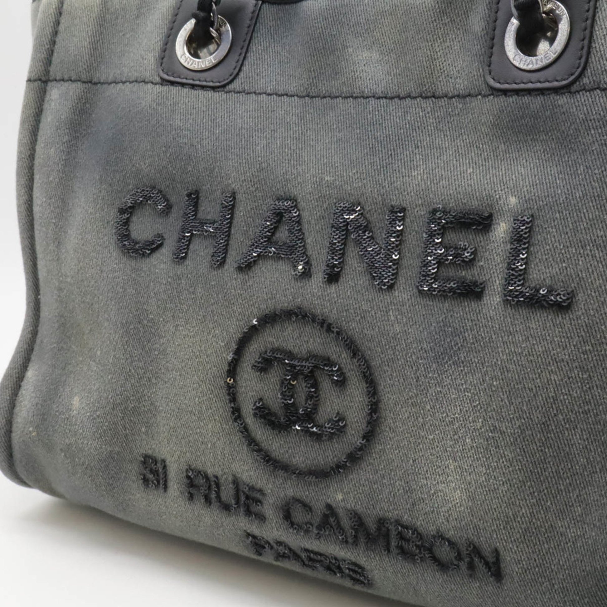 CHANEL Deauville Line Medium Tote MM Bag Shoulder Chain Sequin Canvas Gray Black A67001-8