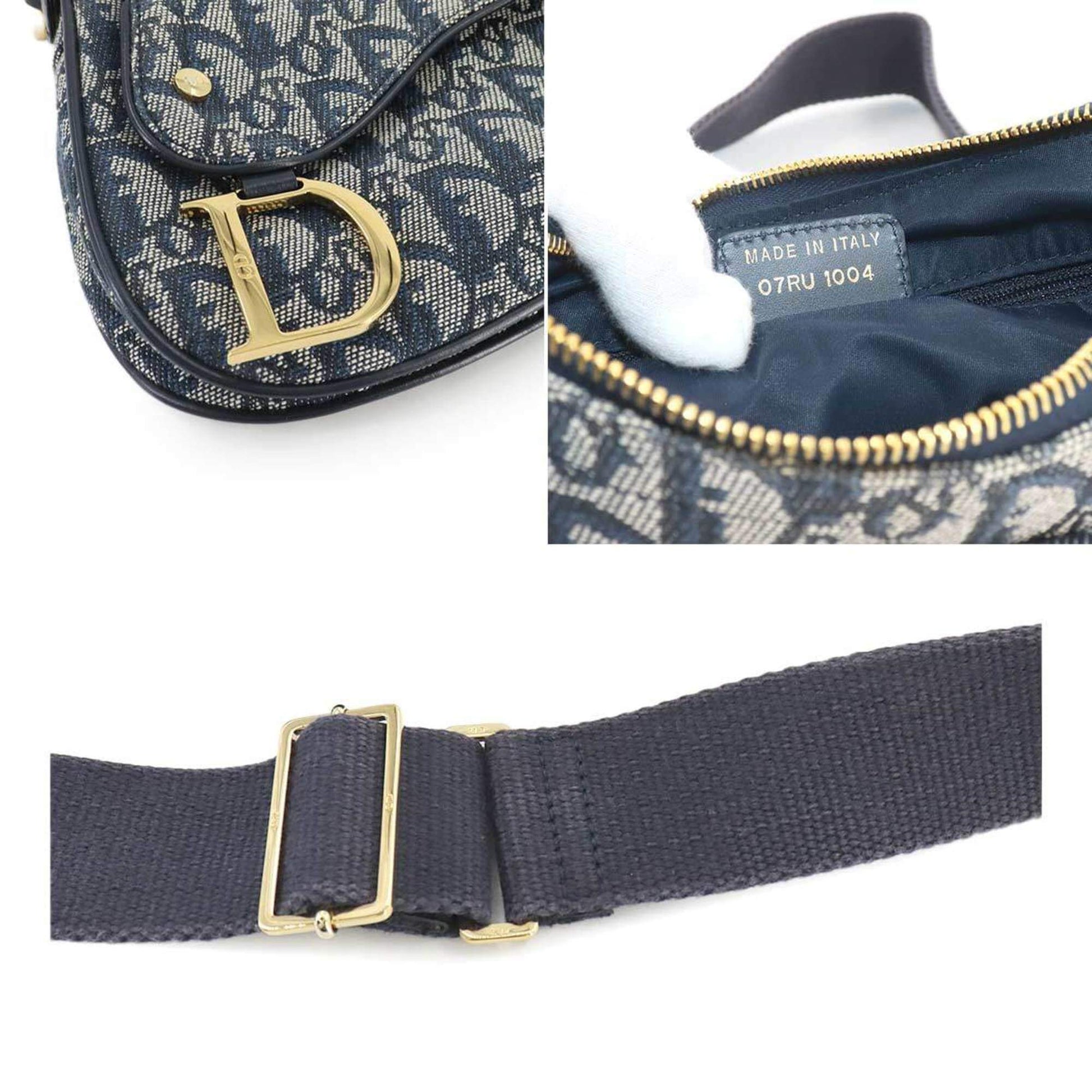 Christian Dior Trotter Double Saddle Bag Shoulder Canvas Leather Navy-7